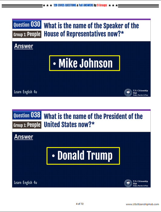 128 CIVICS QUESTIONS by 9 Groups & FULL ANSWERS for U.S. Citizenship Interview