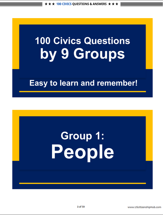 100 Civics Questions (By 9 Groups– Beautiful Design)