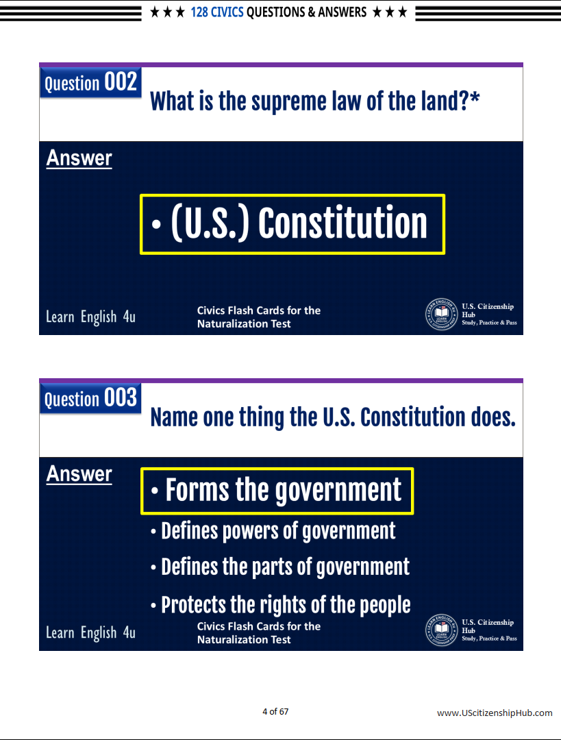 128 CIVICS QUESTIONS & FULL ANSWERS (In Order - Easy Review Edition)