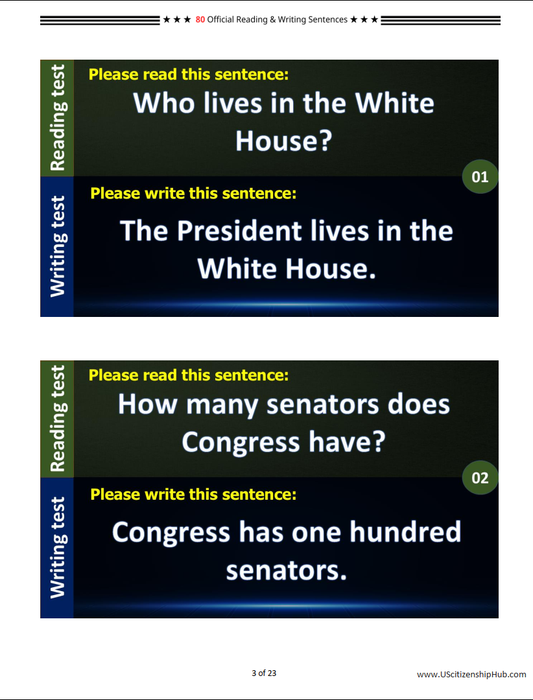 80 Official Reading and Writing Sentences for the US Naturalization Test (English Test)