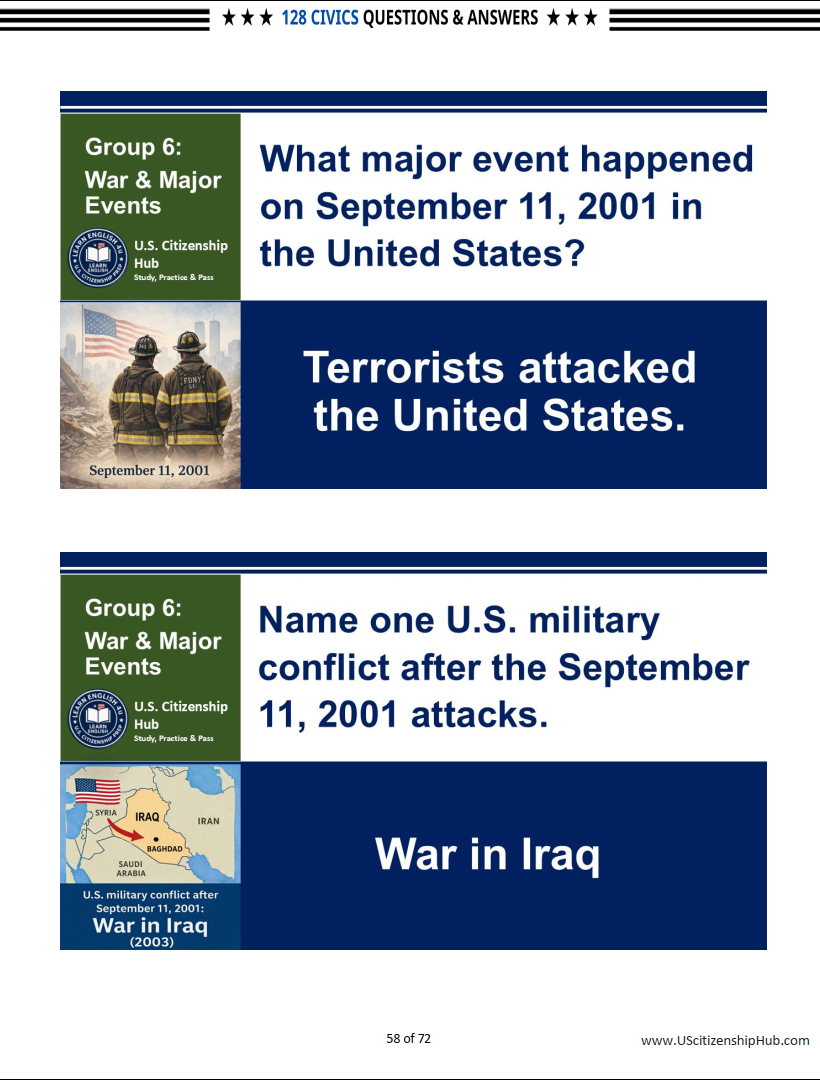 128 Civics Questions by 9 Groups for US Citizenship Interview