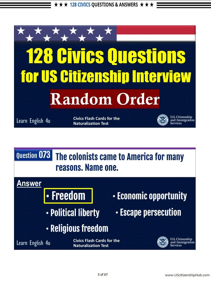 128 Civics Questions (Random Order – Beautiful Design)