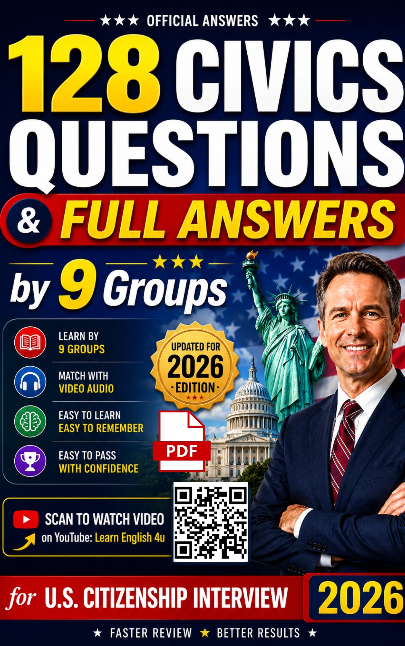 128 CIVICS QUESTIONS by 9 Groups & FULL ANSWERS for U.S. Citizenship Interview