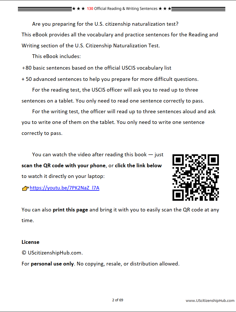 🎯 U.S. Citizenship Interview Reading & Writing Practice 2026 (80 Basic Sentences + 50 Advanced)