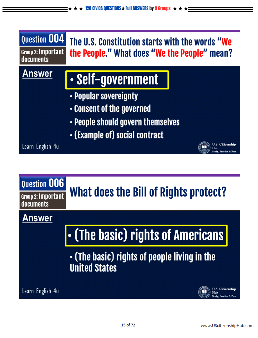 128 CIVICS QUESTIONS by 9 Groups & FULL ANSWERS for U.S. Citizenship Interview