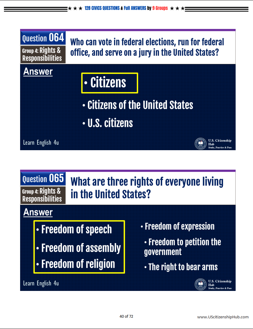 128 CIVICS QUESTIONS by 9 Groups & FULL ANSWERS for U.S. Citizenship Interview