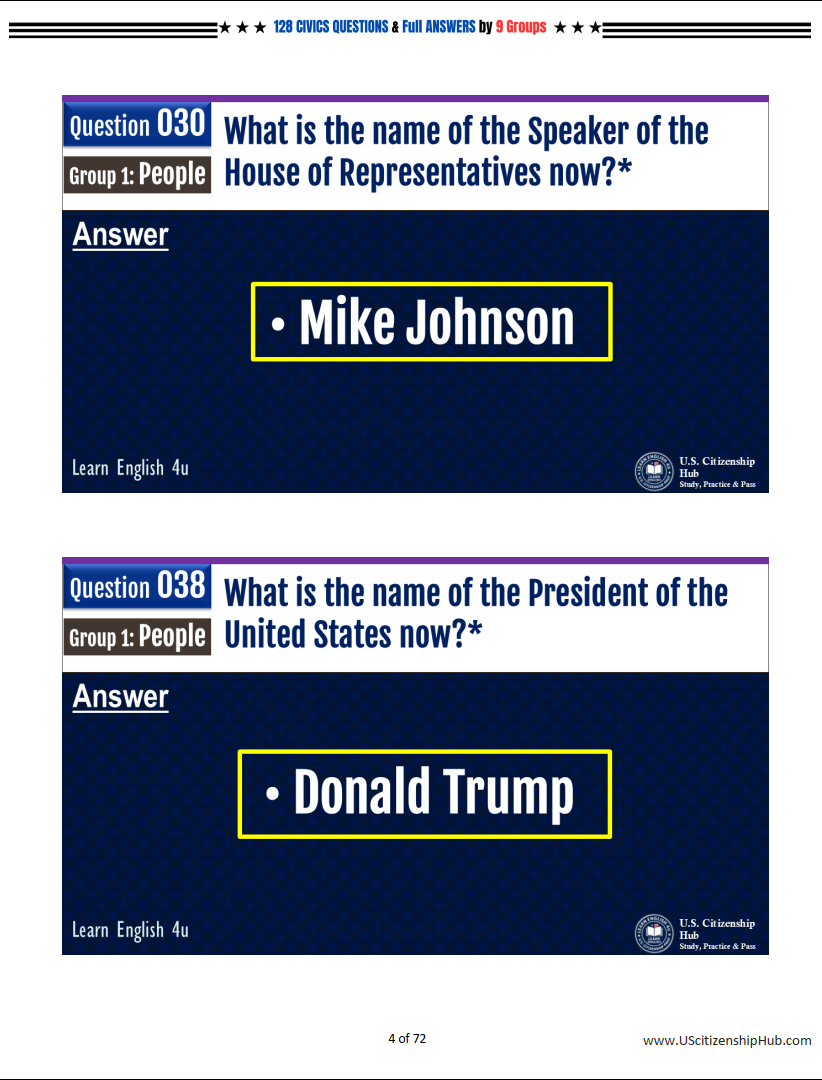 128 CIVICS QUESTIONS by 9 Groups & FULL ANSWERS for U.S. Citizenship Interview