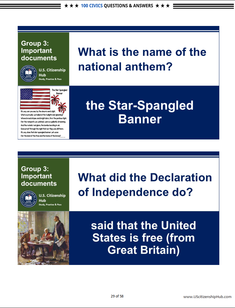 100 Civics Questions (By 9 Groups– Beautiful Design)