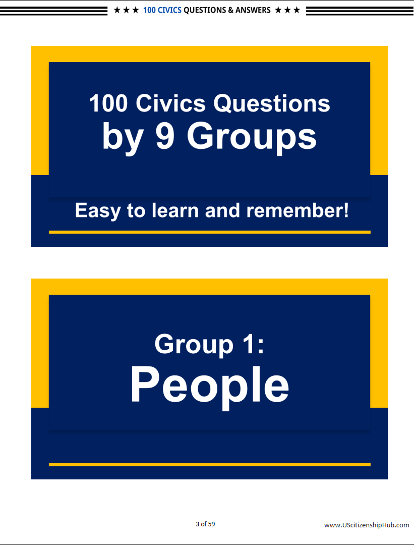 100 Civics Questions (By 9 Groups– Beautiful Design)