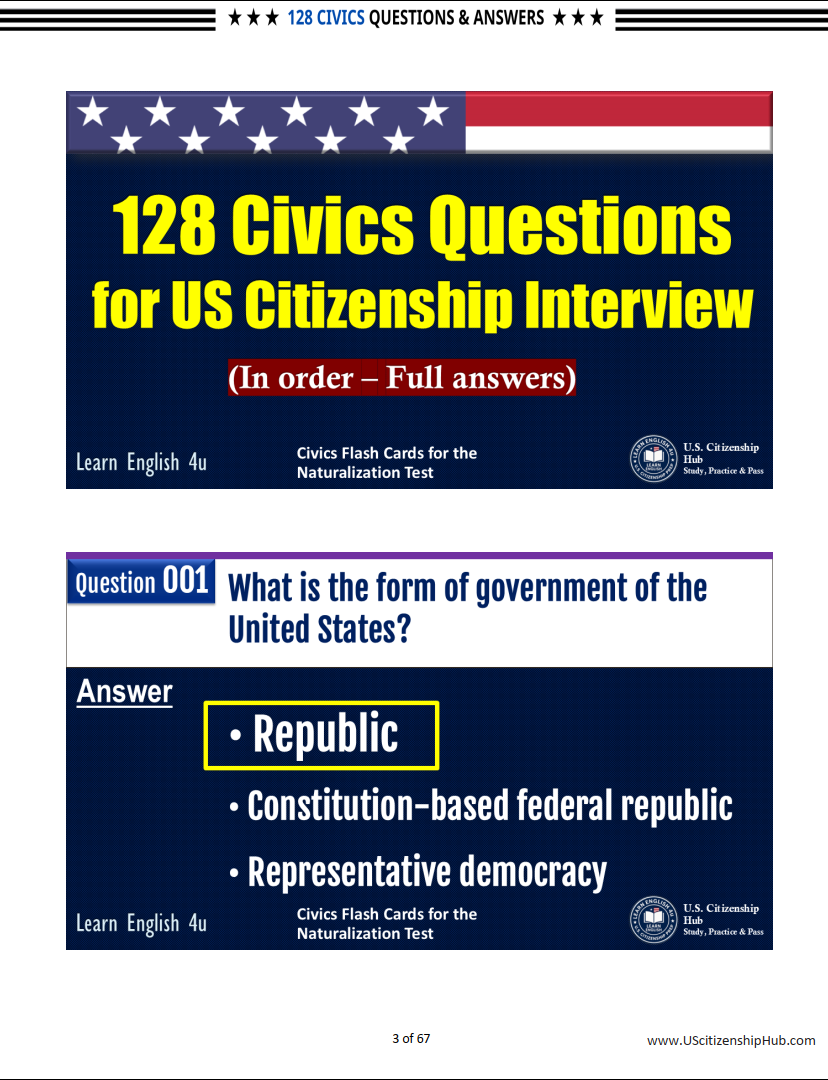 128 CIVICS QUESTIONS & FULL ANSWERS (In Order - Easy Review Edition)