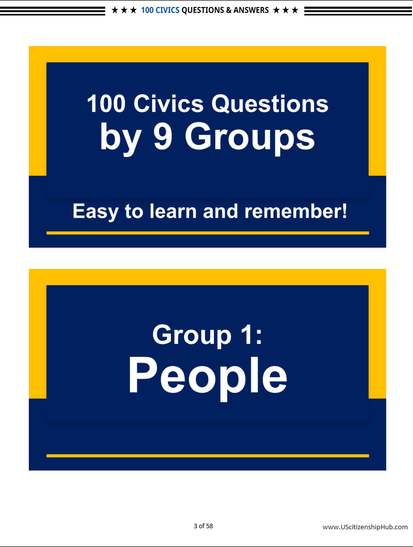 100 Civics Questions (By 9 Groups– Beautiful Design)
