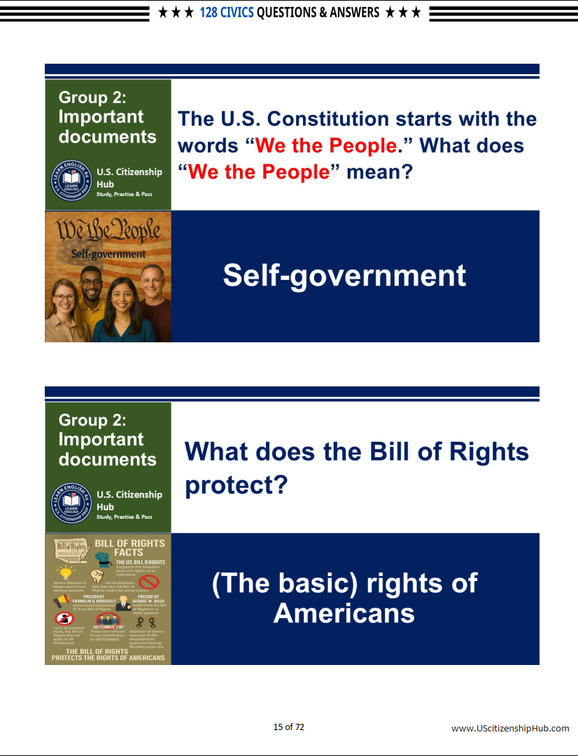 128 Civics Questions by 9 Groups for US Citizenship Interview