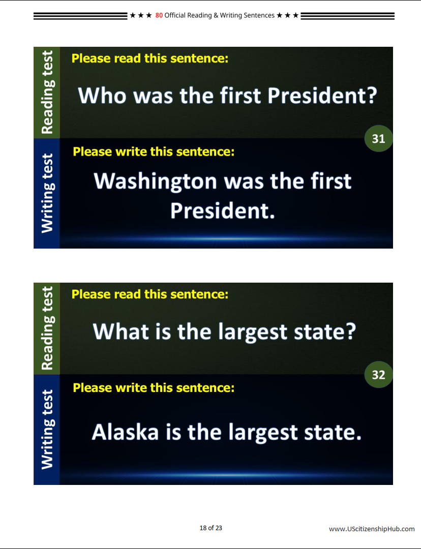 80 Official Reading and Writing Sentences for the US Naturalization Test (English Test)