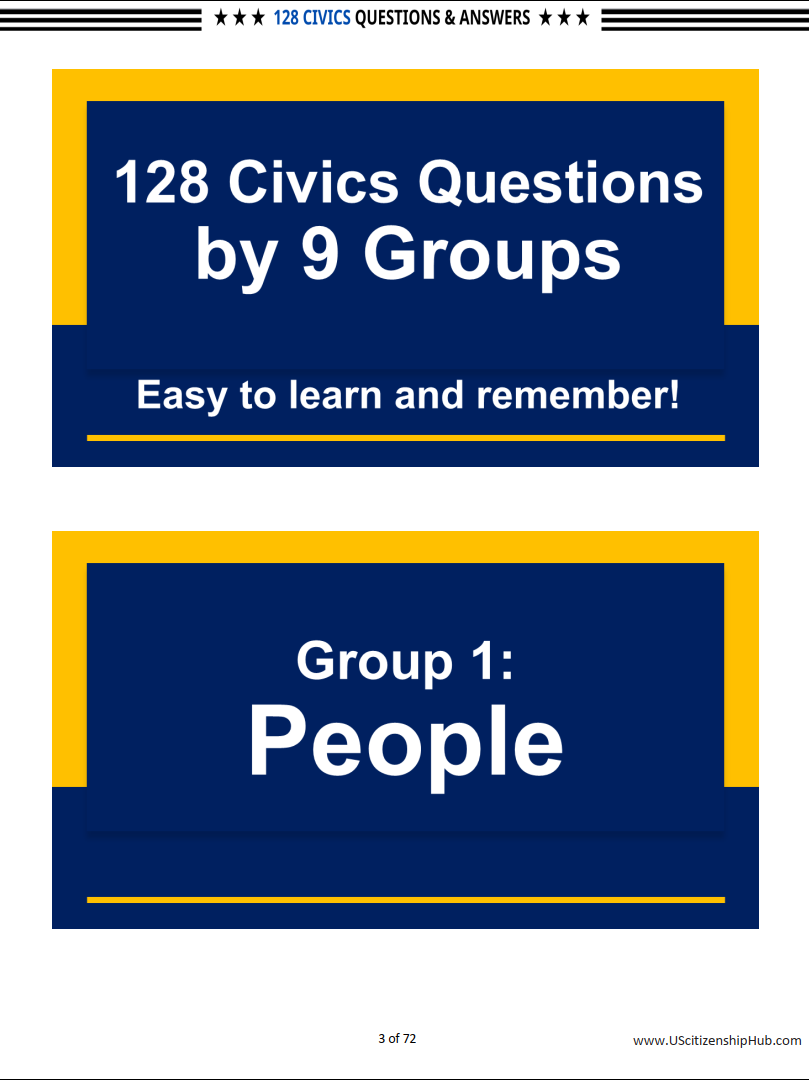 128 Civics Questions by 9 Groups for US Citizenship Interview