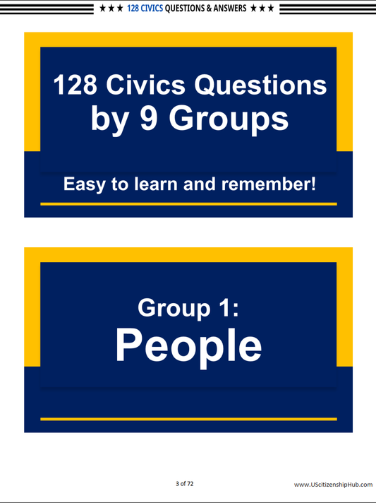 128 Civics Questions by 9 Groups for US Citizenship Interview