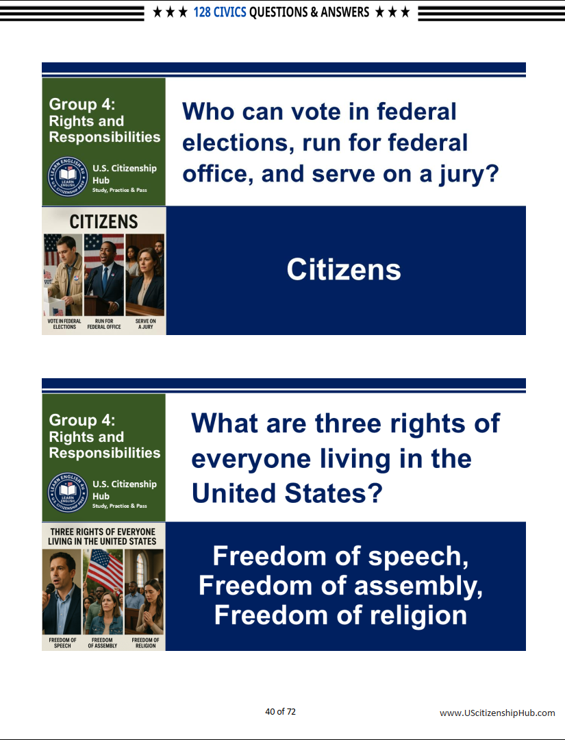 128 Civics Questions by 9 Groups for US Citizenship Interview