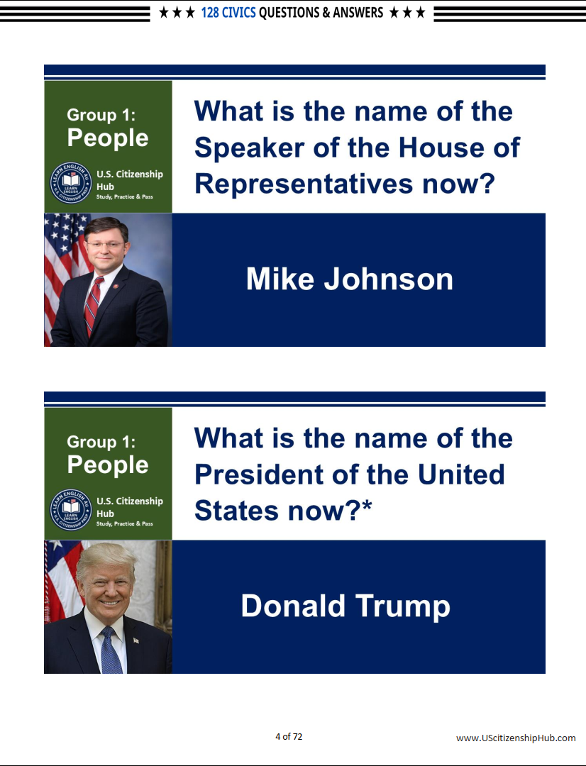 128 Civics Questions by 9 Groups for US Citizenship Interview