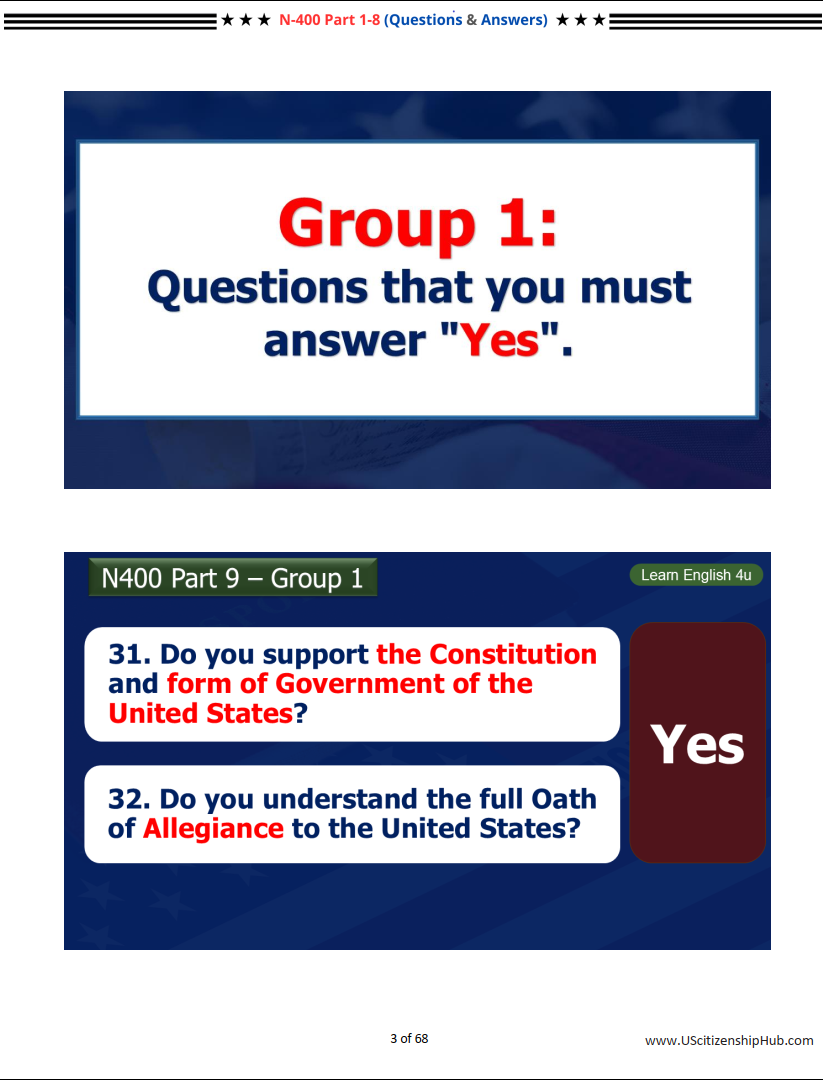 N-400 Part 9 by Groups - 37 YesNo Questions & 90 Key Words